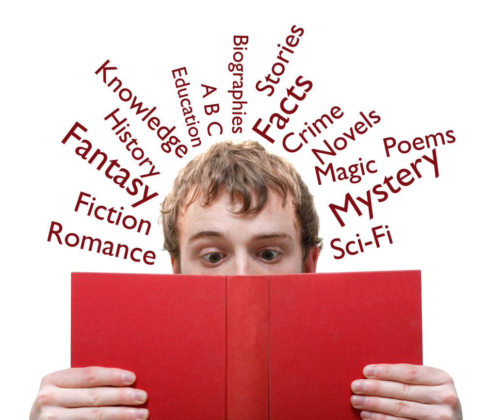 A man reading a book. Over the man's head all various storytelling genres, that should also be used in marketing to inform the brand story, tone of voice, and visuals.