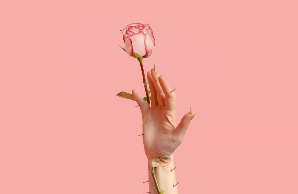 A woman's hand that has been pierced by a thorny rose. A sharp contrast between beauty and discomfort, symbolizing impactful storytelling.