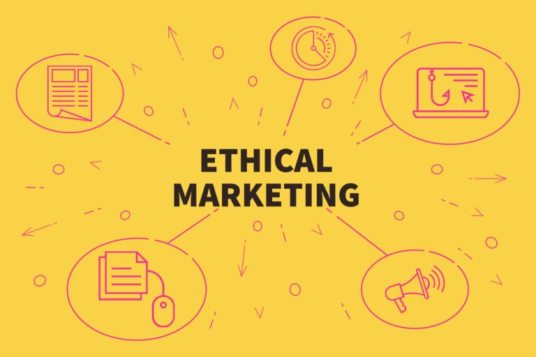 Conceptual business illustration with the words 'ethical marketing' to feature a blog post on ethical story-driven marketing