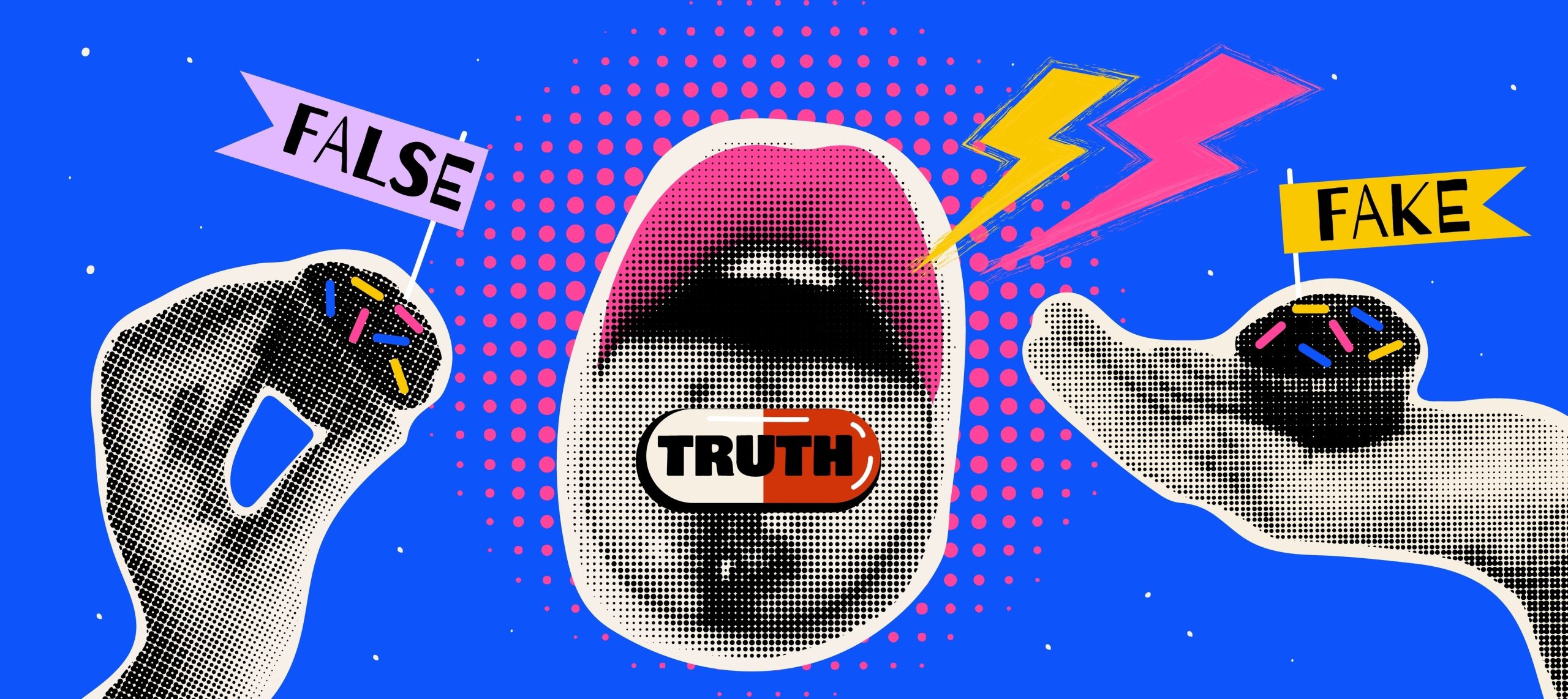 Halftone collage False, Truth information. Authors lie concept and how it applies to ethical, story-driven marketing