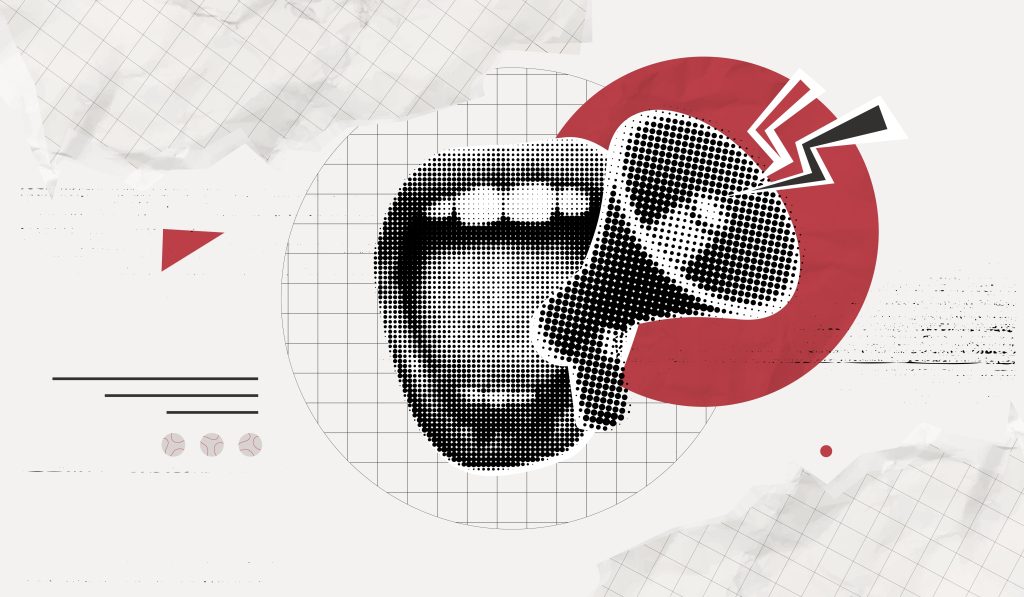 Trendy Halftone Collage screaming mouth and megaphone. Advertising banner with loudspeaker for sale, promotion and marketing. News announcement. An image to represent marketing voice.
