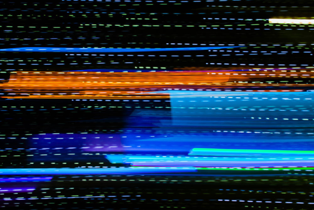 Digital glitch aesthetic suggesting storytelling as recursive, unresolved, and full of reentry points.