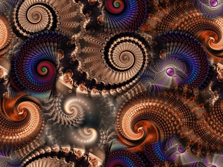 Abstract, fractal spiral shapes symbolizing nonlinear storytelling paths in digital marketing.