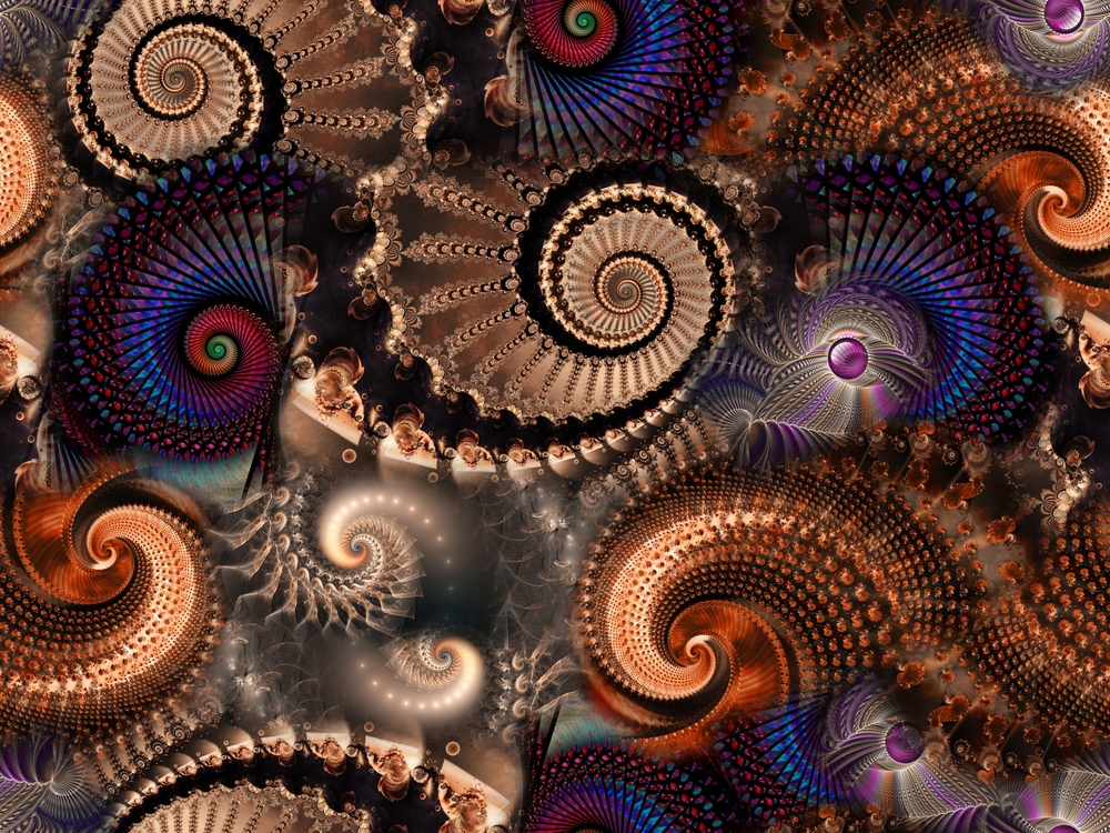 Abstract, fractal spiral shapes symbolizing nonlinear storytelling paths in digital marketing.