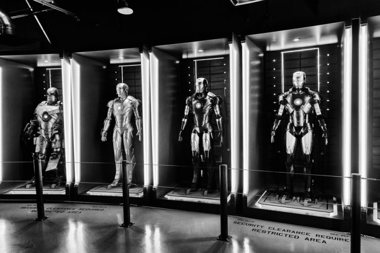 Iron Man costumes at the Tony Stark base at the Avengers experience in Las Vegas.