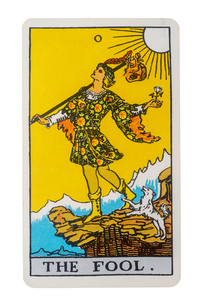 The Fool tarot card as depicted by the Rider-Waite Tarot deck.